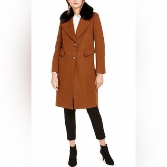 Calvin Klein Women Single breasted Wool Blend Coat Tobacco Brown. Fur included. - Picture 1 of 7